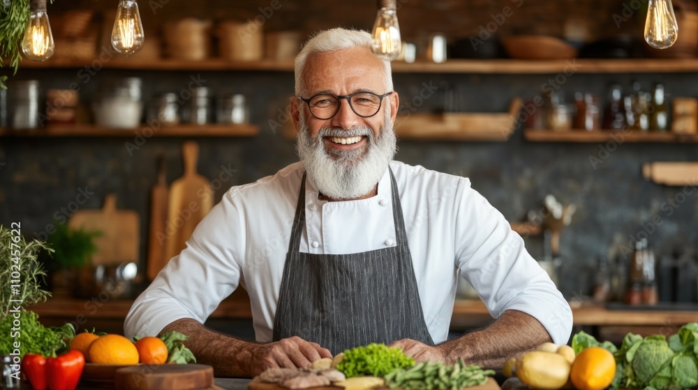 joyful chef with a beard stands in a charming kitchen filled with an array of vibrant vegetables and fruits. Natural light illuminates the space, highlighting his enthusiasm for cooking joyful chef with a beard stands in a charming kitchen filled with an array of vibrant vegetables and fruits. Natural light illuminates the space, highlighting his enthusiasm for cooking