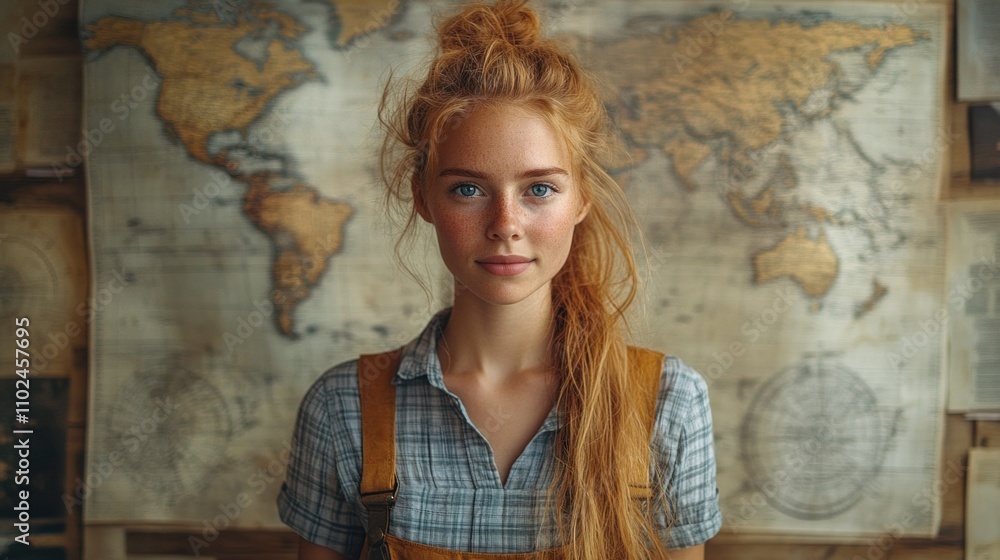 young woman with long, flowing hair stands in a cozy room, smiling and facing the camera. Behind her is a large vintage map that adds warmth and history to the space young woman with long, flowing hair stands in a cozy room, smiling and facing the camera. Behind her is a large vintage map that adds warmth and history to the space