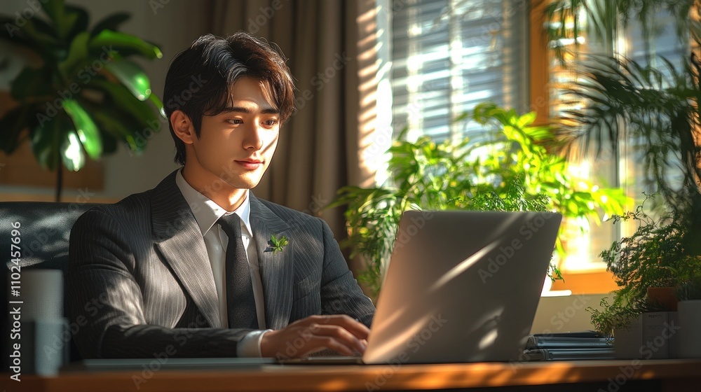 young man dressed in a suit focuses intently on his laptop in an office filled with sunlight and greenery. plants create a calming atmosphere, enhancing productivity young man dressed in a suit focuses intently on his laptop in an office filled with sunlight and greenery. plants create a calming atmosphere, enhancing productivity