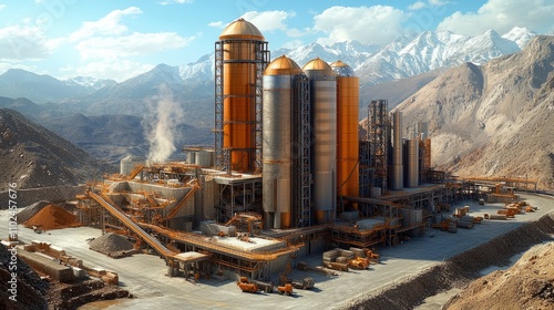 An industrial complex stands impressively in a rugged landscape, surrounded by towering mountains under a clear blue sky photo