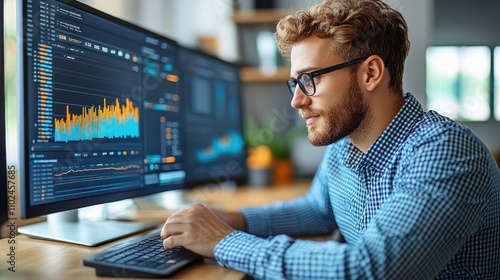 young man works diligently at his desk in a contemporary office, analyzing digital data on dual monitors displaying colorful graphs and statistics