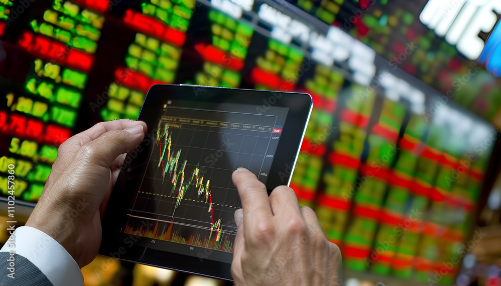 Stocks and shares against technician using digital tablet Stocks and shares against technician using digital tablet