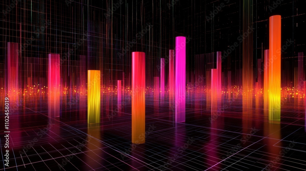 Colorful Digital Abstract Landscape with Tall Vertical Structures