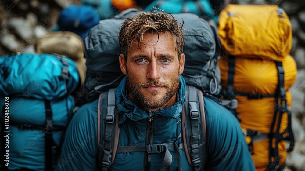 Obraz premium rugged hiker stands confidently amidst vibrant backpacks, exuding enthusiasm for the upcoming trek in a mountainous landscape. scene captures the spirit of adventure and exploration