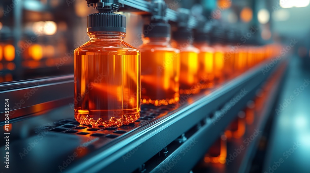 Amber liquid flows steadily through a high-tech production line, with precision machinery perfectly capturing each bottle for quality assurance and efficiency Amber liquid flows steadily through a high-tech production line, with precision machinery perfectly capturing each bottle for quality assurance and efficiency