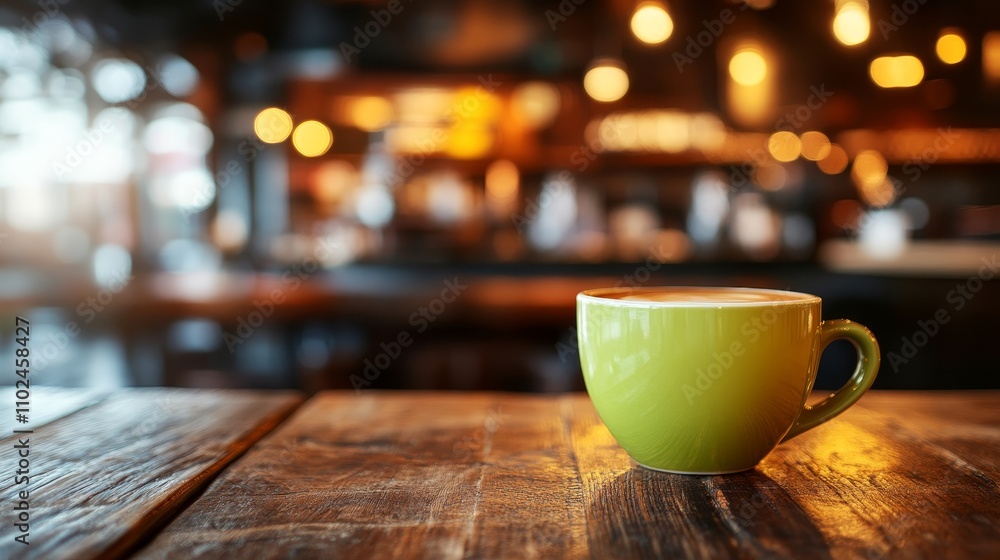 Fototapeta premium Aromatic Morning Green Coffee Cup onRustic Wood with Blurry Cafe Interior, Relaxation Concept
