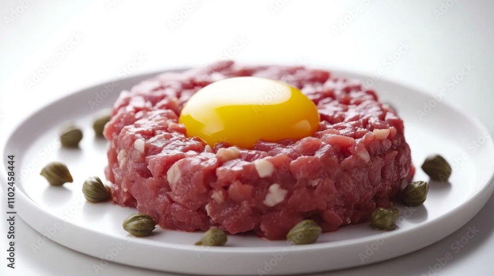 Raw Beef Tartare with Fresh Egg Yolk and Capers on White Plate Raw Beef Tartare with Fresh Egg Yolk and Capers on White Plate