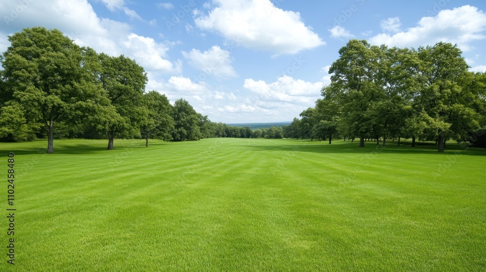 A wide stretch of vibrant green grass framed by healthy trees creates a peaceful atmosphere. The sky features appealing clouds, adding beauty to the serene landscape at midday A wide stretch of vibrant green grass framed by healthy trees creates a peaceful atmosphere. The sky features appealing clouds, adding beauty to the serene landscape at midday