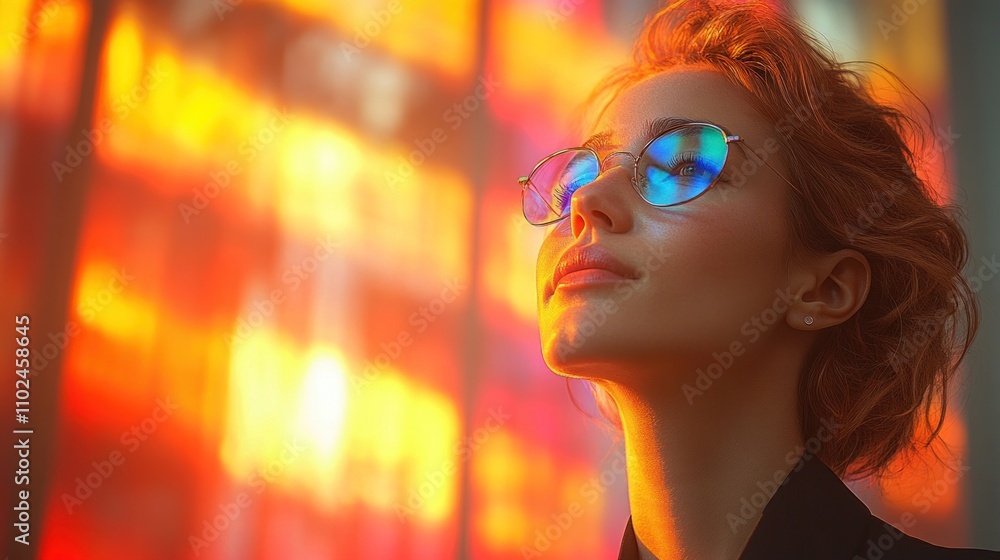 young woman with short, wavy hair stands serenely, wearing round sunglasses, as she admires a vivid sunset amidst colorful reflections in a bustling urban environment young woman with short, wavy hair stands serenely, wearing round sunglasses, as she admires a vivid sunset amidst colorful reflections in a bustling urban environment