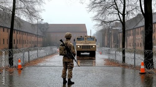 A German soldier stands watch at an industrial site in Hamburg, surrounded by barbed wire and a military vehicle, on an overcast day photo