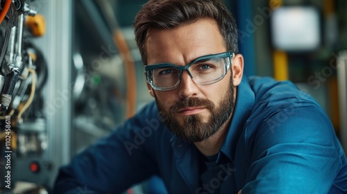 In an industrial environment, a technician with a beard and safety glasses carefully inspects machinery, concentrating on ensuring proper functionality and safety