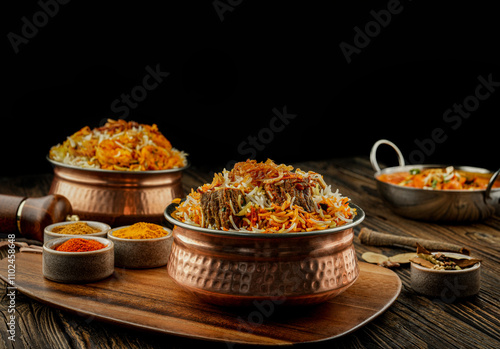 Sticker indian chicken biryani, Spicy chicken biryani food photography