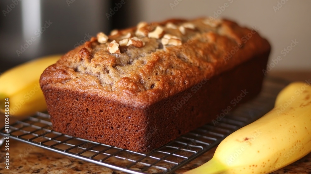 Freshly Baked Banana Bread with Sliced Nuts on Top Freshly Baked Banana Bread with Sliced Nuts on Top