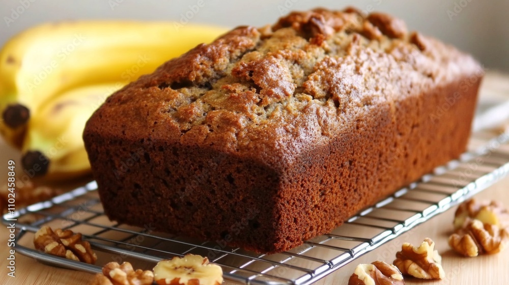 Freshly Baked Banana Bread with Nuts on a Cooling Rack Freshly Baked Banana Bread with Nuts on a Cooling Rack