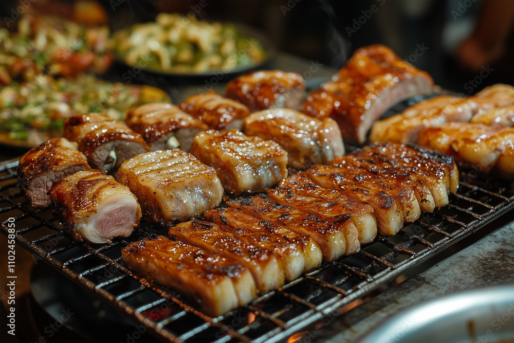 Various Cuts of Meat Grilling on a Barbecue Grill with Smoke and Flames, Outdoor Cooking Scene Various Cuts of Meat Grilling on a Barbecue Grill with Smoke and Flames, Outdoor Cooking Scene