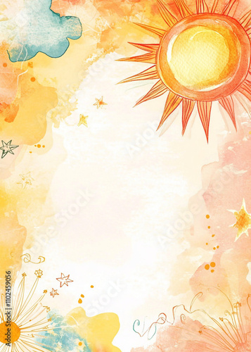 A vibrant sun shines brightly in a clear sky filled with soft clouds. Warm hues of yellow and orange create a cheerful atmosphere, evoking feelings of joy and serenity on a sunny day. generative ai