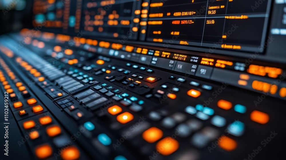 Illuminated buttons in shades of blue and orange create a captivating ambiance in a high-tech control center as operators manage intricate systems Illuminated buttons in shades of blue and orange create a captivating ambiance in a high-tech control center as operators manage intricate systems