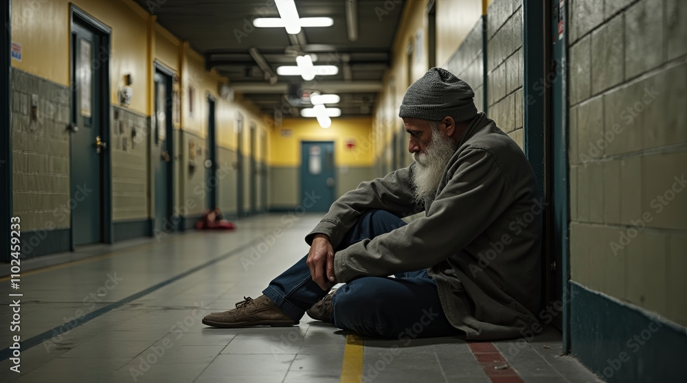 Elderly man sitting on the floor of a hallway in a shelter with fluorescent lighting. Social issues and homelessness concept Elderly man sitting on the floor of a hallway in a shelter with fluorescent lighting. Social issues and homelessness concept
