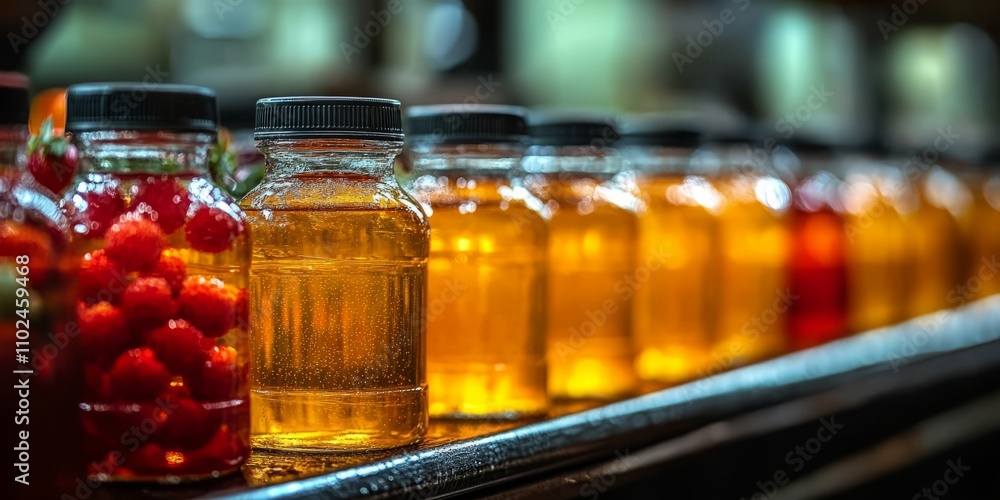 Jars filled with golden liquids and ripe red fruits are neatly arranged on a wooden surface, creating an inviting and colorful display in a cozy setting Jars filled with golden liquids and ripe red fruits are neatly arranged on a wooden surface, creating an inviting and colorful display in a cozy setting