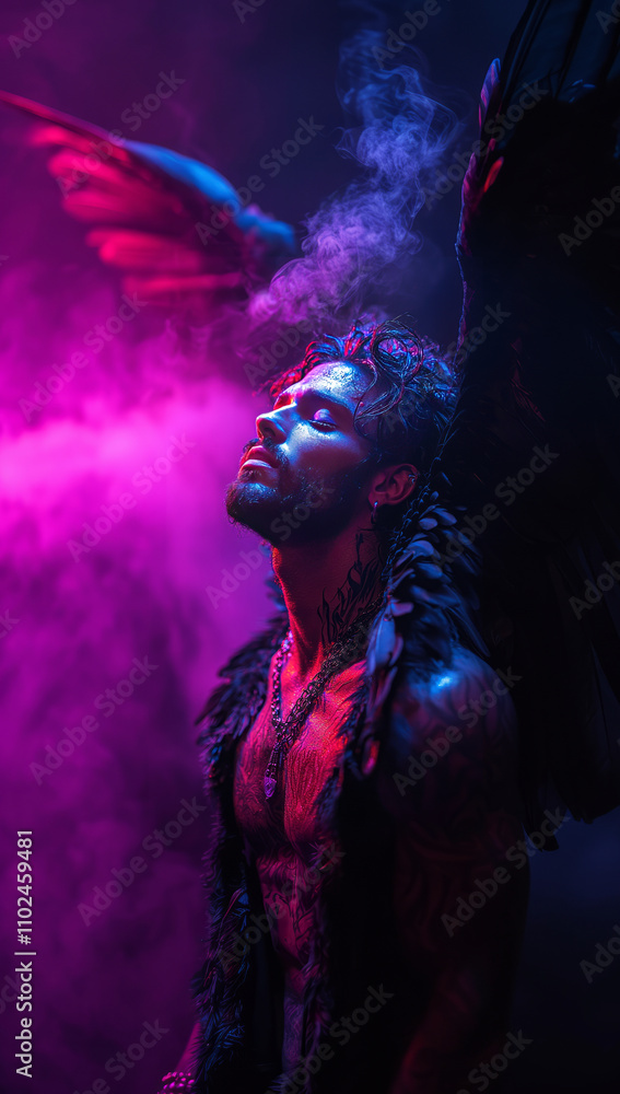 Black angel, man in purple lights and smoke, fog at night. AI generative Black angel, man in purple lights and smoke, fog at night. AI generative