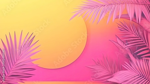 Pink and yellow tropical palm leaves background with circle.