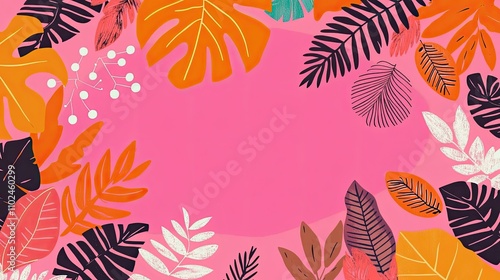 Pink background with colorful tropical leaves and foliage forming a frame.