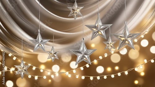 Luxurious Christmas Background with Silver and Gold Stars and Glowing Lights