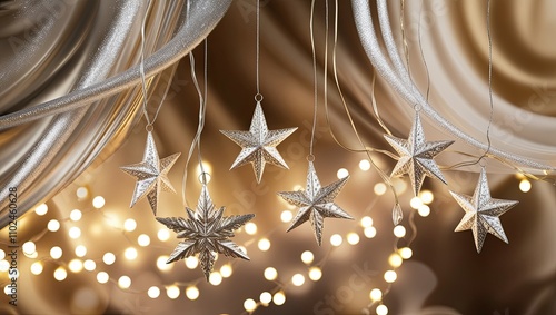Luxurious Christmas Background with Silver and Gold Stars and Glowing Lights