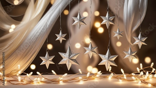 Luxurious Christmas Background with Silver and Gold Stars and Glowing Lights