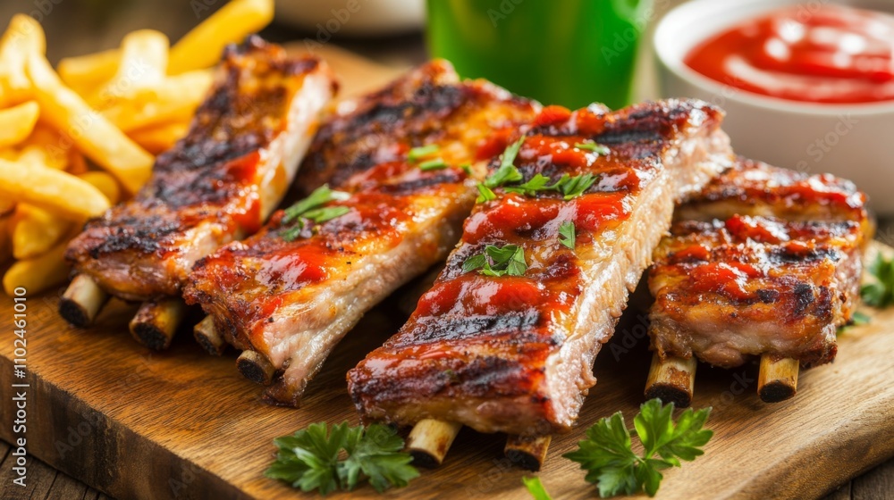 Grilled Ribs with Barbecue Sauce on Wooden Platter Grilled Ribs with Barbecue Sauce on Wooden Platter