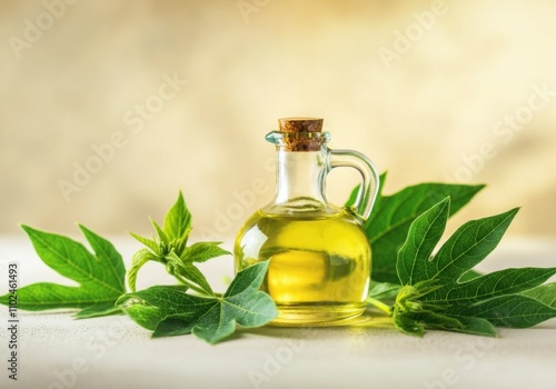 A beautiful, brightly lit still life of a glass bottle filled with ricin oil.