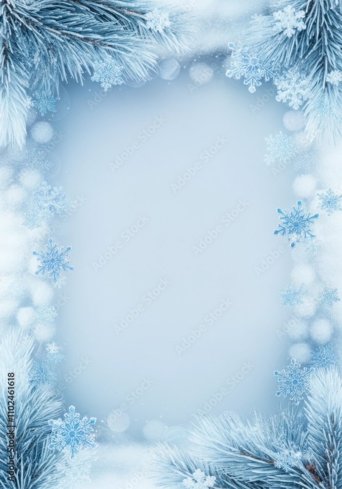 A delicate rectangular frame adorned with intricate blue snowflakes and pine branches, set against a transparent background. A delicate rectangular frame adorned with intricate blue snowflakes and pine branches, set against a transparent background.