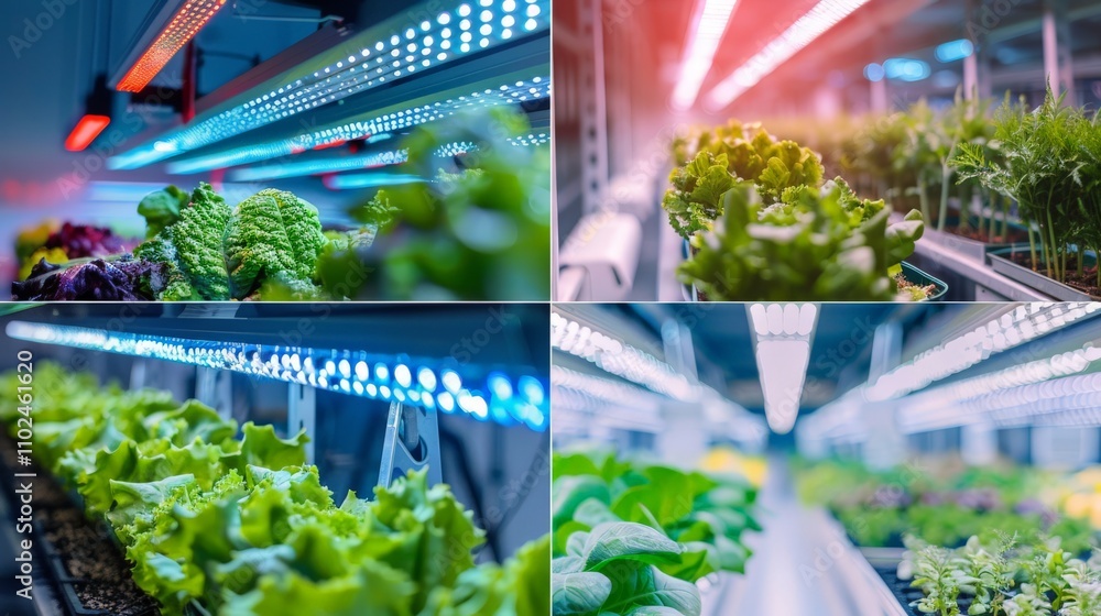 A vibrant display of indoor crops under LED lights, highlighting the progress of leafy greens A vibrant display of indoor crops under LED lights, highlighting the progress of leafy greens