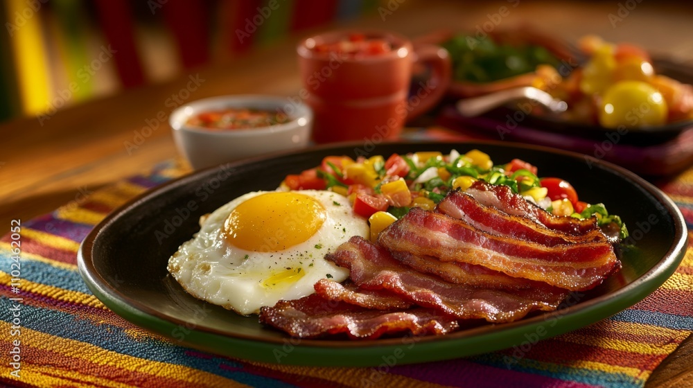 Breakfast Plate with Bacon, Egg, Vegetables, and Salsa Sauce Breakfast Plate with Bacon, Egg, Vegetables, and Salsa Sauce