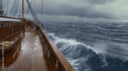 Crew members on an old wooden ship struggle to manage food supplies while navigating treacherous seas under dark stormy skies photo