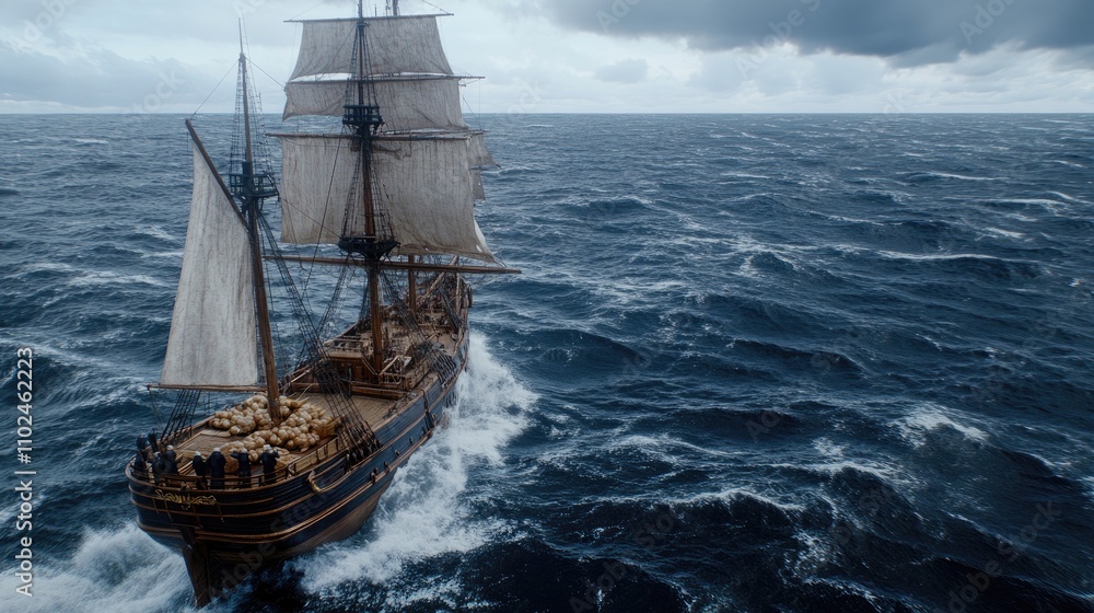 Obraz premium Crew members on an old wooden ship struggle to manage food supplies while navigating treacherous seas under dark stormy skies
