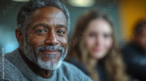 Smiling senior man in a classroom, surrounded by students in background.