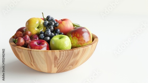 A wooden bowl filled with fresh fruit, including apples, grapes and strawberries.