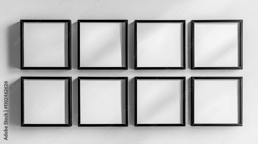 Empty black frames arranged in two rows of three on a white wall, ready for artwork or photographs, ideal for customization and decoration Empty black frames arranged in two rows of three on a white wall, ready for artwork or photographs, ideal for customization and decoration