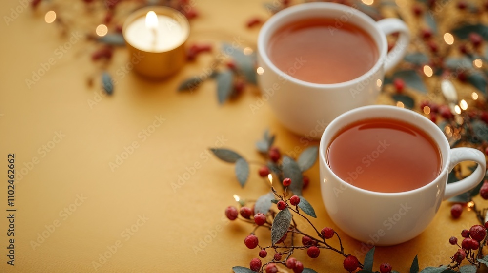 Cup of tea for two. Yellow banner, with empty space for text. Cup of tea for two. Yellow banner, with empty space for text.