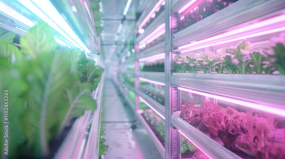 A hydroponic vertical farm featuring rows of plants under colorful LED lights for optimal growth A hydroponic vertical farm featuring rows of plants under colorful LED lights for optimal growth