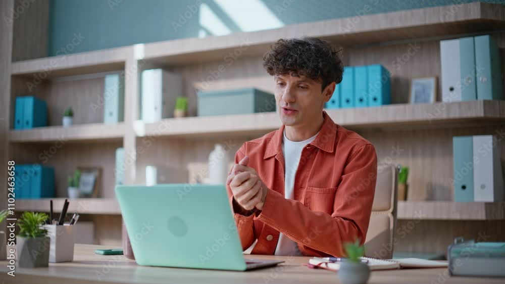 Online consultant talking web camera laptop at wooden office desk closeup. Online consultant talking web camera laptop at wooden office desk closeup.