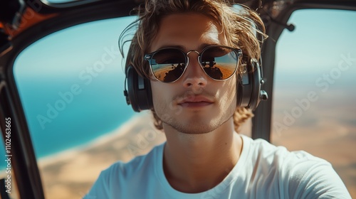 Man with sunglasses and headphones in a helicopter over coastal scenery.