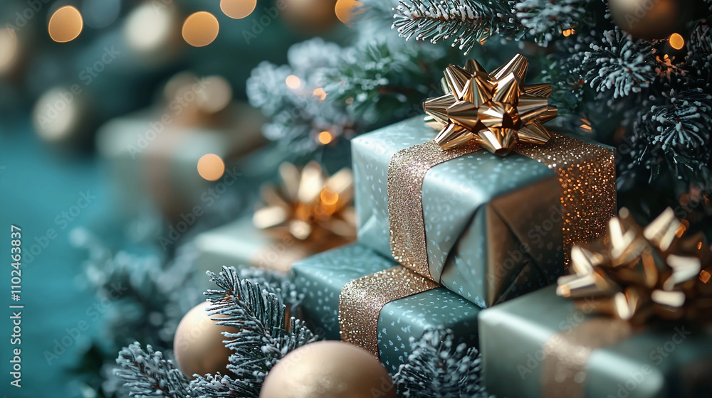 Christmas gifts under the tree decorated with golden baubles and pinecones Christmas gifts under the tree decorated with golden baubles and pinecones