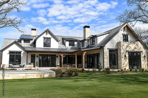 A large, white and black farmhouse with stone accents on the front wall, a steel roof, black windows, an open-concept living room that opens to the backyard, and a large covered porch on one side.