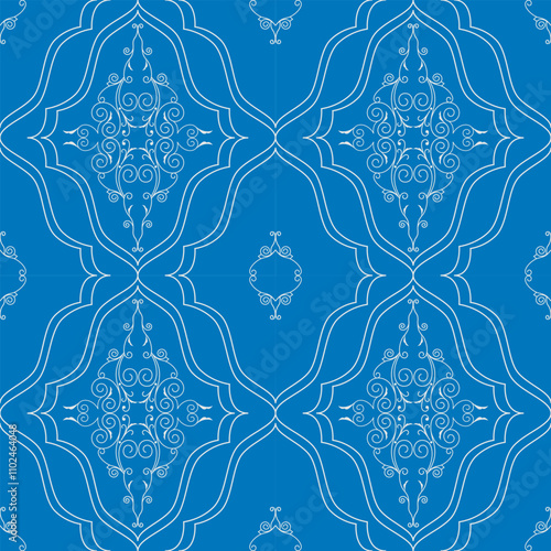 seamless botanical pattern of painted oriental motifs on a white background