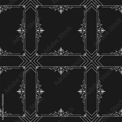 seamless botanical pattern of painted oriental motifs on a white background