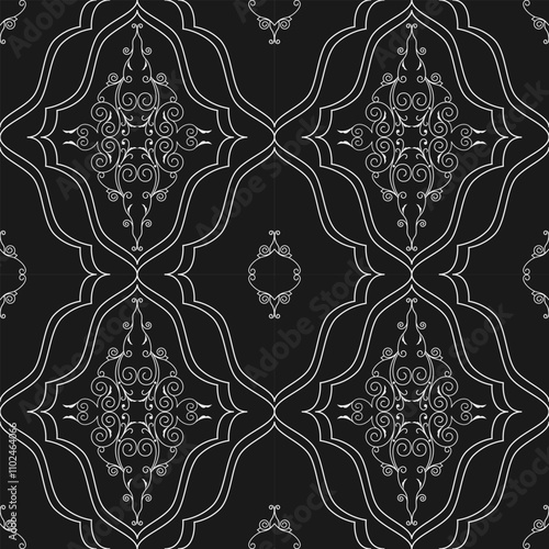seamless botanical pattern of painted oriental motifs on a white background