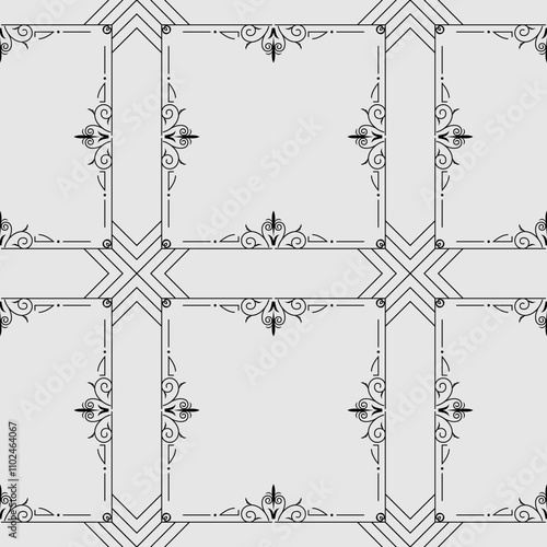 seamless botanical pattern of painted oriental motifs on a white background