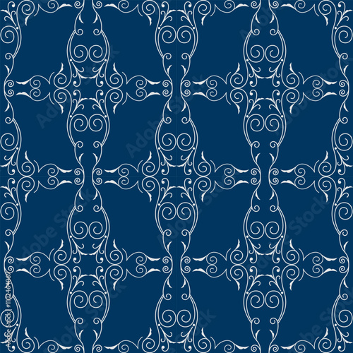 seamless botanical pattern of painted oriental motifs on a white background